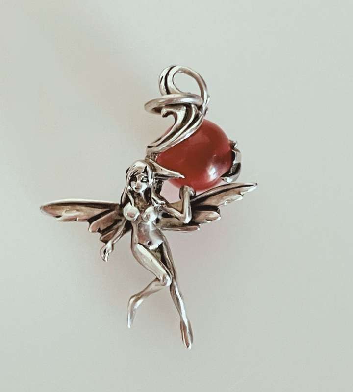 Unique Sterling Silver Zen Nymph Fairy Pendant with Dark Pink Calcite Ball