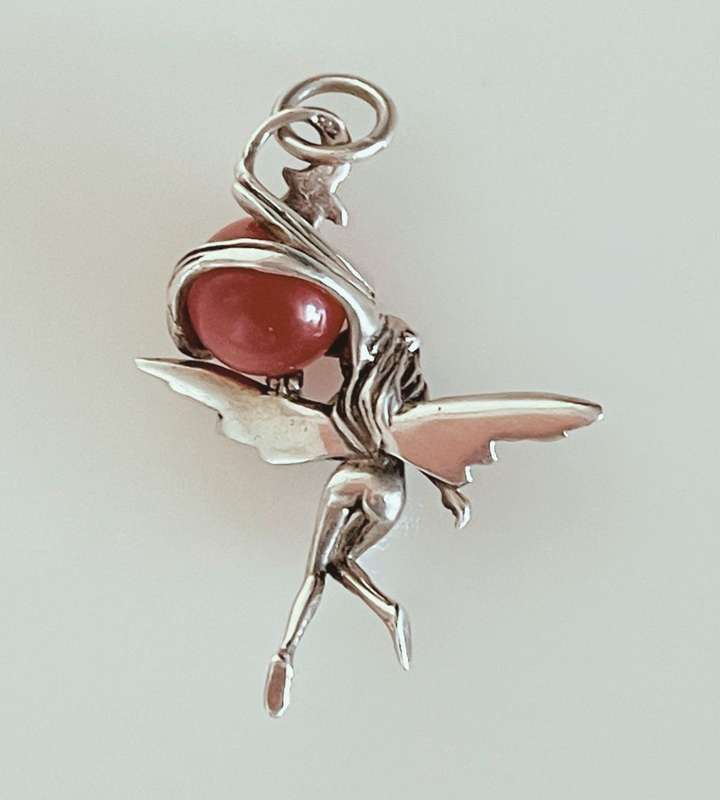 Unique Sterling Silver Zen Nymph Fairy Pendant with Dark Pink Calcite Ball