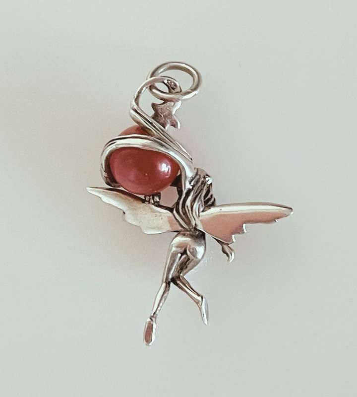 Unique Sterling Silver Zen Nymph Fairy Pendant with Dark Pink Calcite Ball