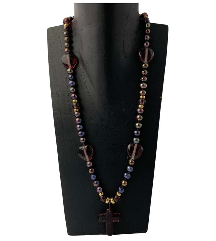 Tahitian Black Pearl Strand Necklace with Antique Amber Purple Glass Cross & 14K Gold Clasp
