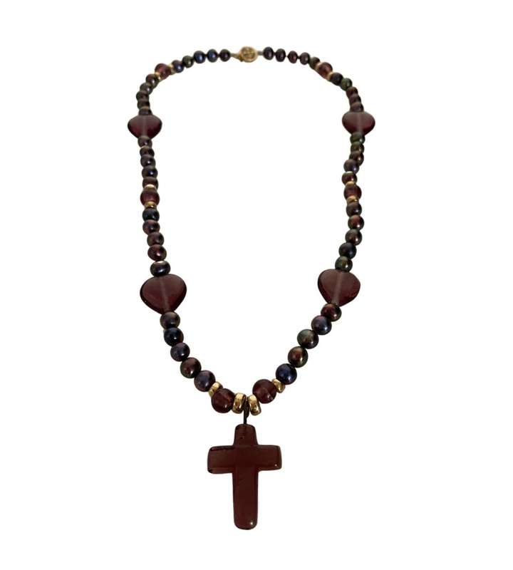 Tahitian Black Pearl Strand Necklace with Antique Amber Purple Glass Cross & 14K Gold Clasp