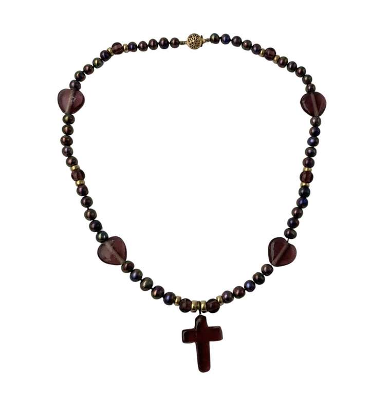 Tahitian Black Pearl Strand Necklace with Antique Amber Purple Glass Cross & 14K Gold Clasp