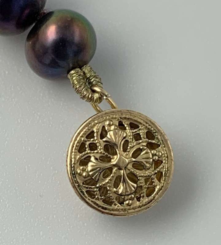 Tahitian Black Pearl Strand Necklace with Antique Amber Purple Glass Cross & 14K Gold Clasp