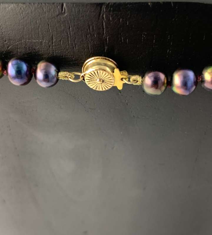 Tahitian Black Pearl Strand Necklace with Antique Amber Purple Glass Cross & 14K Gold Clasp