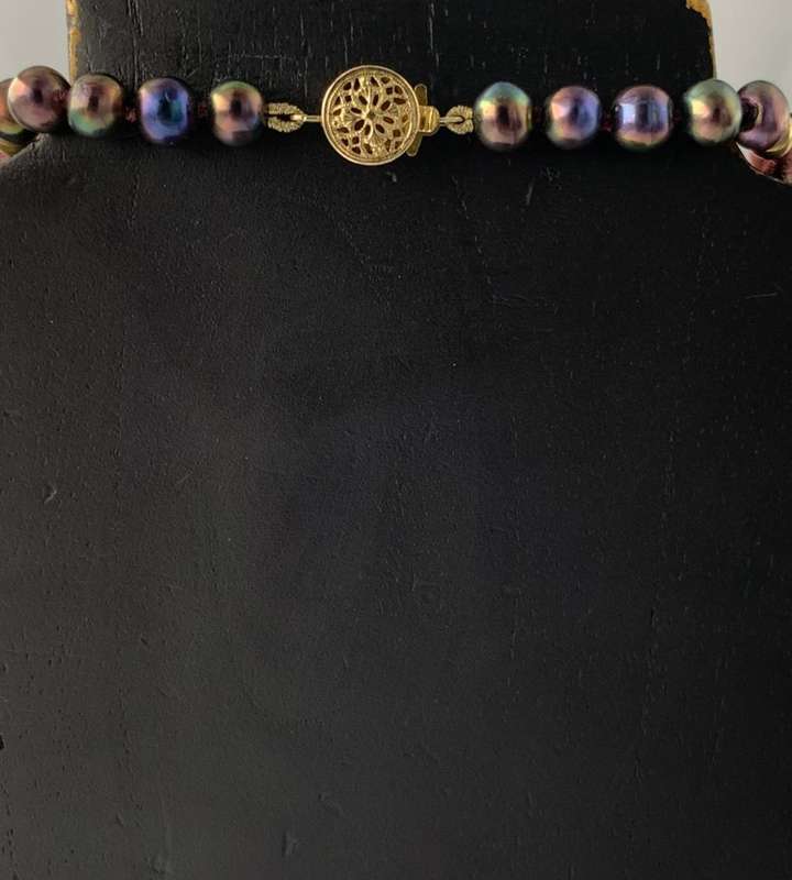 Tahitian Black Pearl Strand Necklace with Antique Amber Purple Glass Cross & 14K Gold Clasp