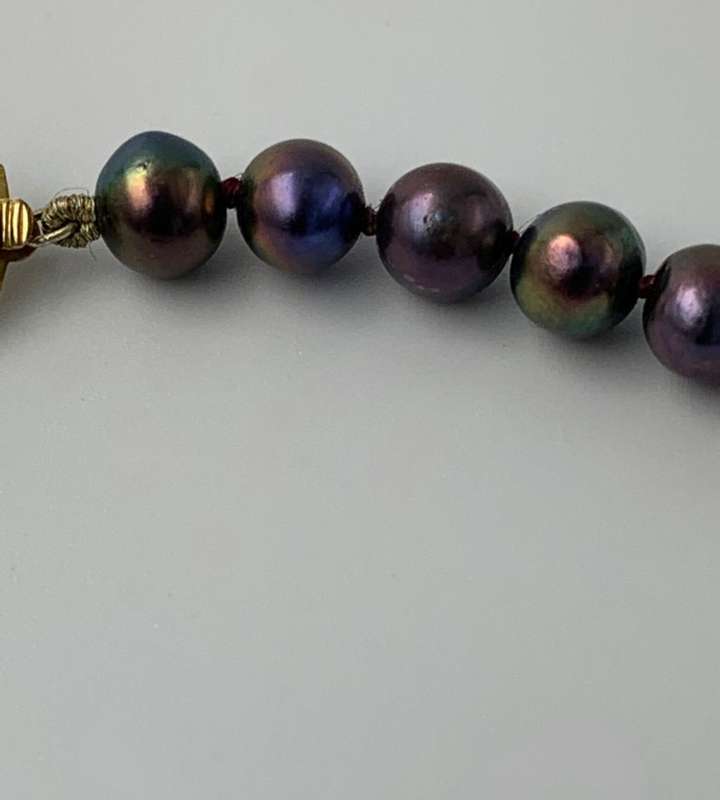 Tahitian Black Pearl Strand Necklace with Antique Amber Purple Glass Cross & 14K Gold Clasp