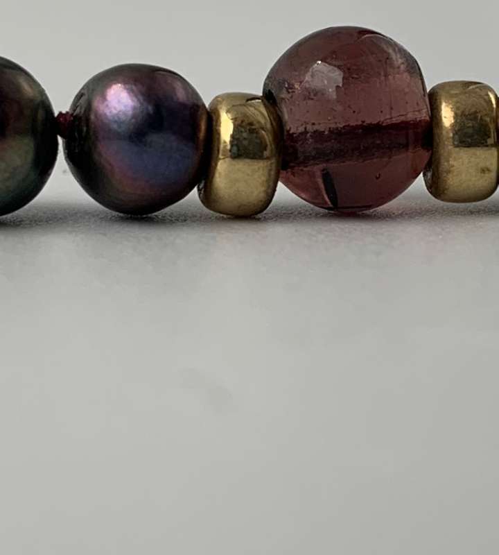 Tahitian Black Pearl Strand Necklace with Antique Amber Purple Glass Cross & 14K Gold Clasp