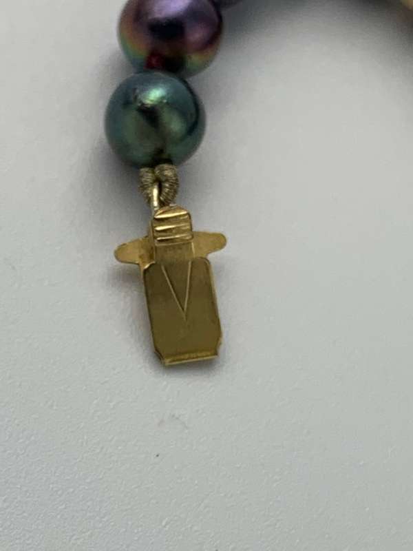 Tahitian Black Pearl Strand Necklace with Antique Amber Purple Glass Cross & 14K Gold Clasp