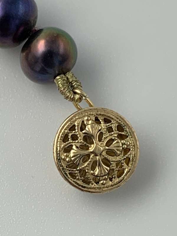 Tahitian Black Pearl Strand Necklace with Antique Amber Purple Glass Cross & 14K Gold Clasp