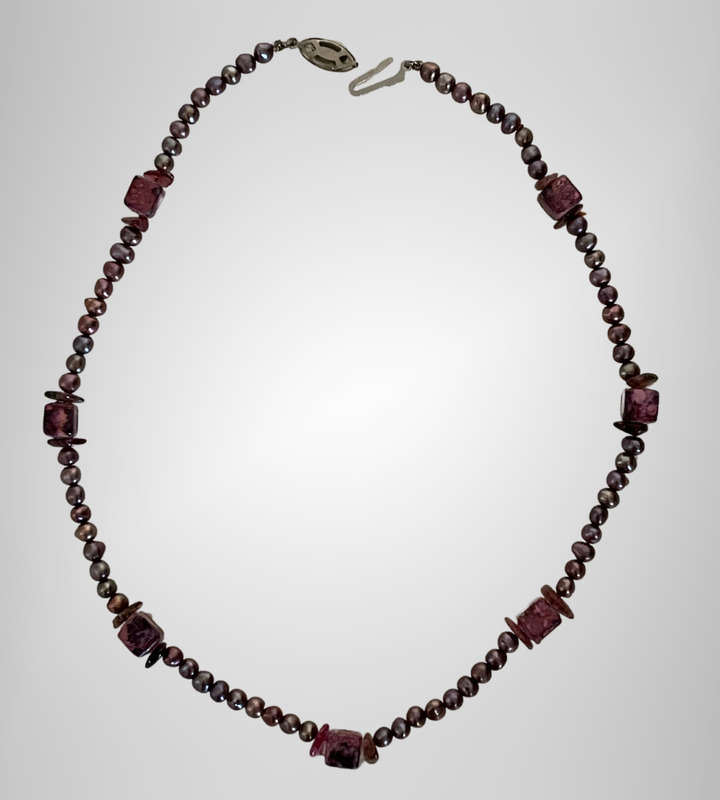 Genuine  Baroque Seed Pearl Choker Necklace with Amethyst Quartz and Enamelled Glass Beads