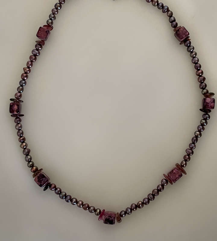 Genuine  Baroque Seed Pearl Choker Necklace with Amethyst Quartz and Enamelled Glass Beads