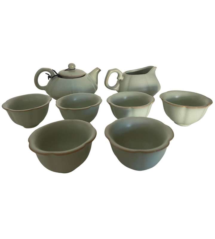 Reduced! Rare Complete Vintage 1980s Celadon Ru Ware 8-Piece Commemorative Tea Set