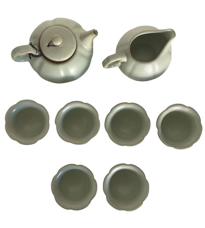 Reduced! Rare Complete Vintage 1980s Celadon Ru Ware 8-Piece Commemorative Tea Set