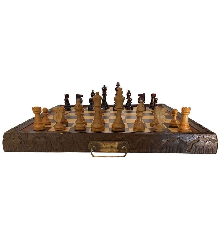 Vintage Folding Wooden Travel Chess Set with Brass Handles  Hand-Carved Detail