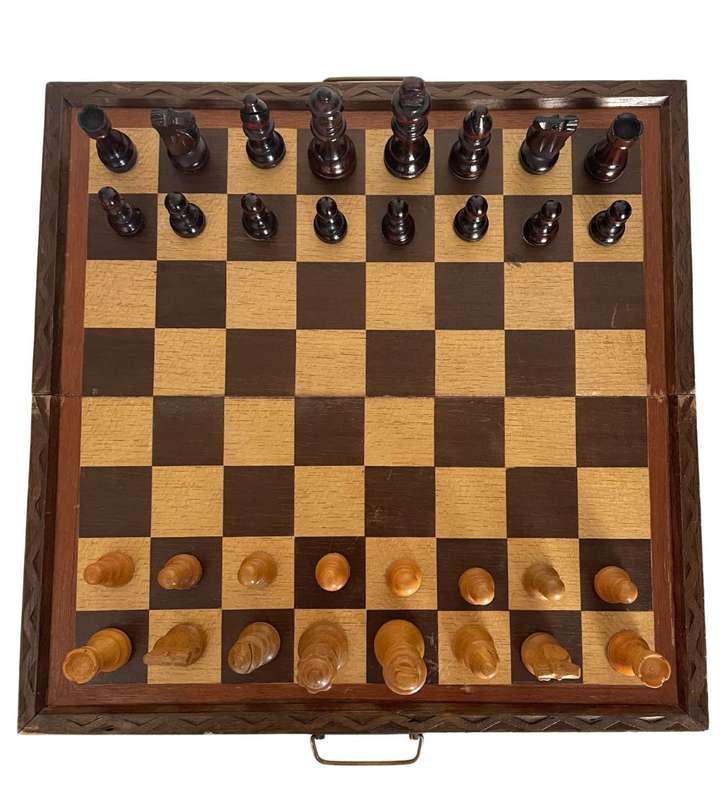 Vintage Folding Wooden Travel Chess Set with Brass Handles  Hand-Carved Detail