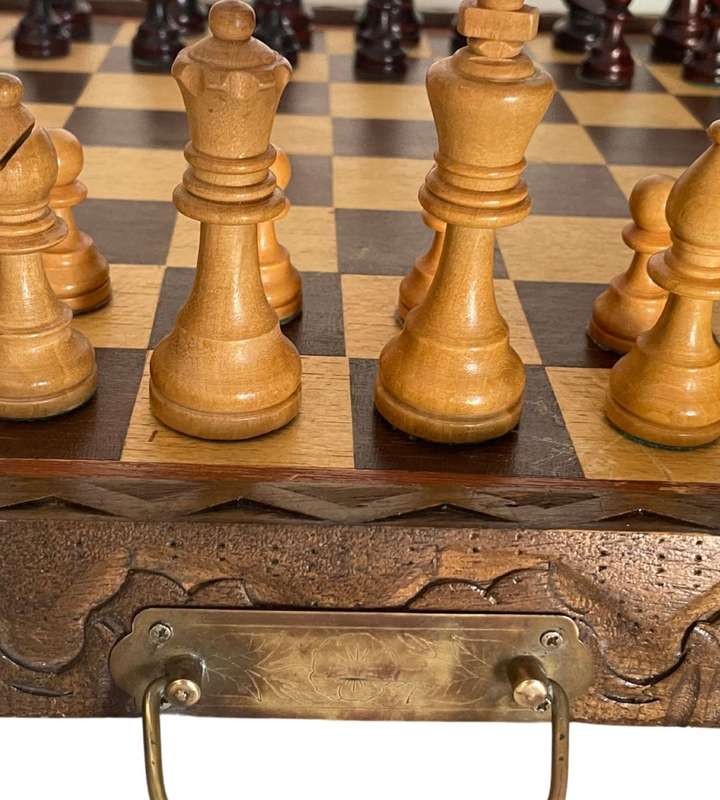 Vintage Folding Wooden Travel Chess Set with Brass Handles  Hand-Carved Detail