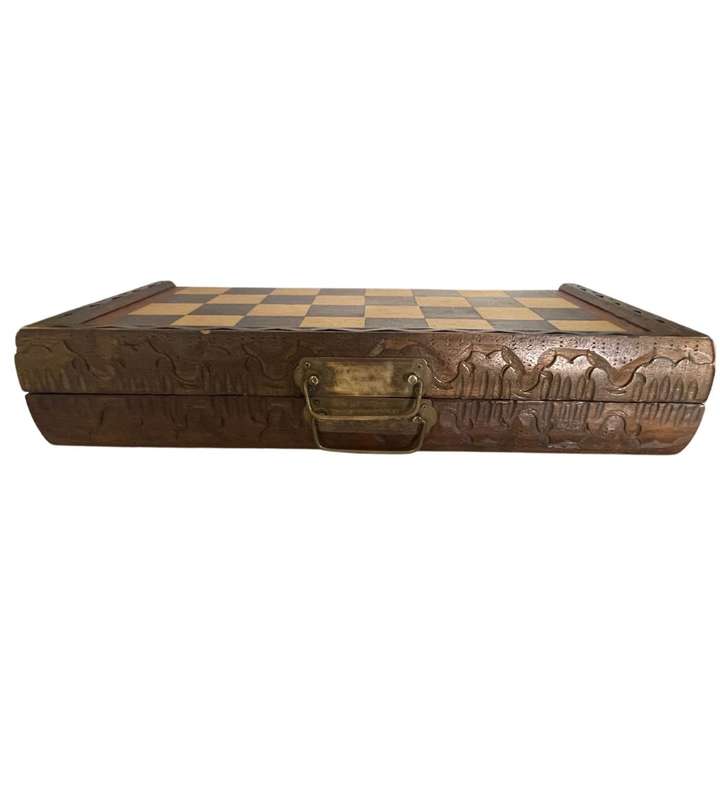 Vintage Folding Wooden Travel Chess Set with Brass Handles  Hand-Carved Detail