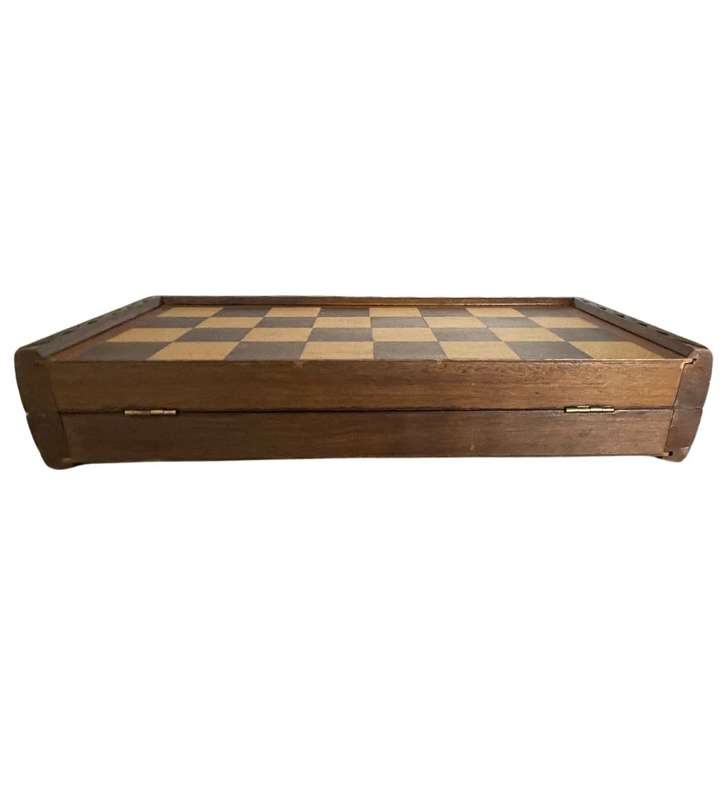 Vintage Folding Wooden Travel Chess Set with Brass Handles  Hand-Carved Detail
