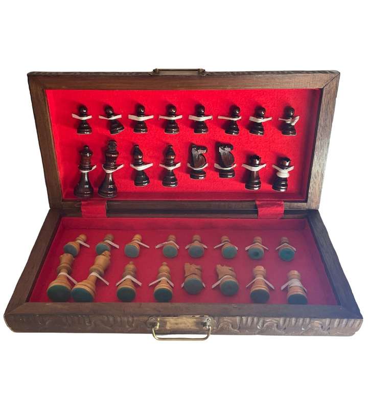 Vintage Folding Wooden Travel Chess Set with Brass Handles  Hand-Carved Detail