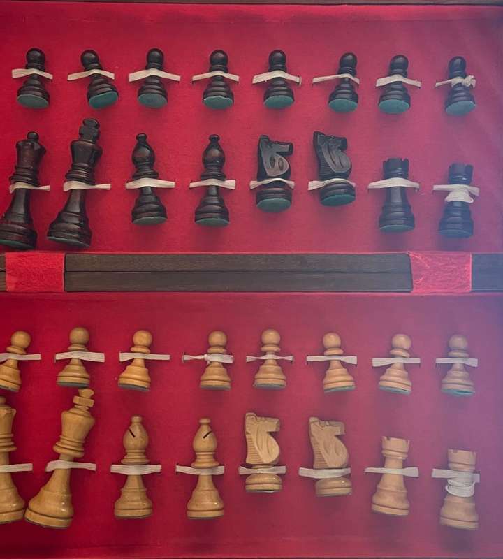 Vintage Folding Wooden Travel Chess Set with Brass Handles  Hand-Carved Detail