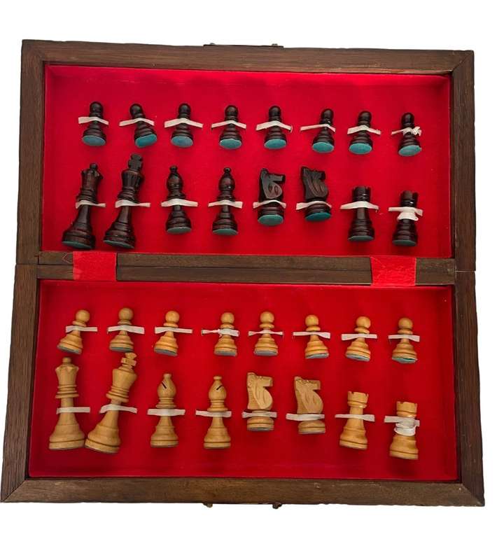 Vintage Folding Wooden Travel Chess Set with Brass Handles  Hand-Carved Detail