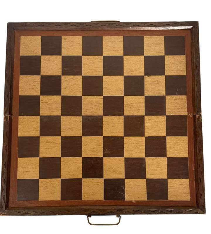Vintage Folding Wooden Travel Chess Set with Brass Handles  Hand-Carved Detail