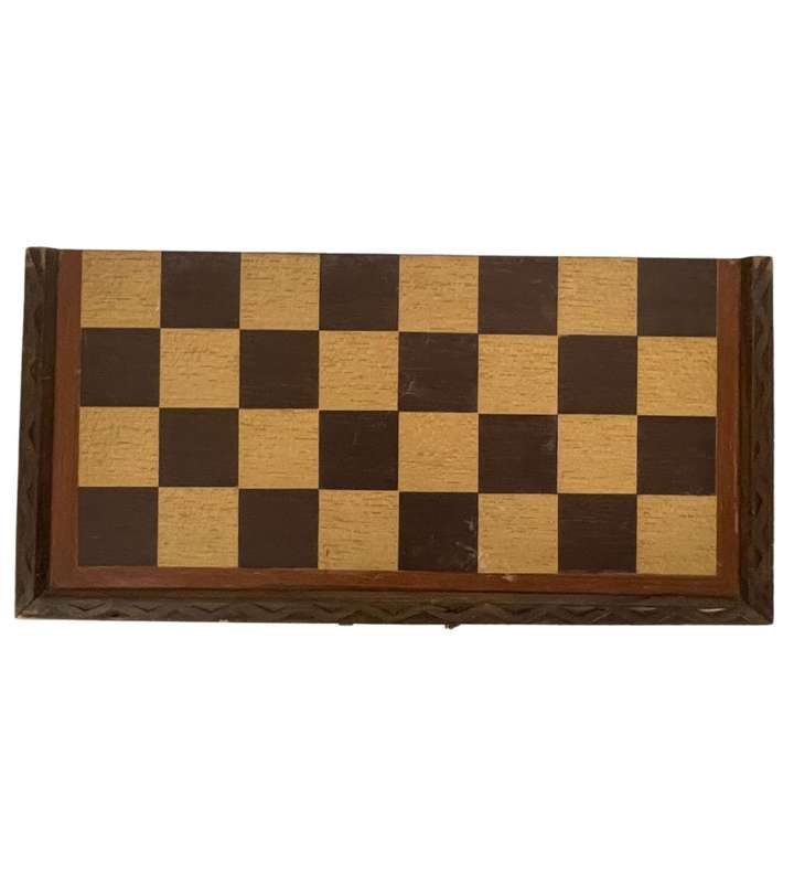 Vintage Folding Wooden Travel Chess Set with Brass Handles  Hand-Carved Detail