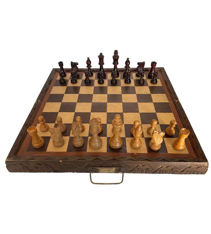 Vintage Folding Wooden Travel Chess Set with Brass Handles  Hand-Carved Detail