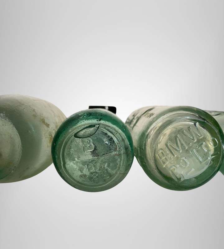 Antique Aqua Glass Bottles Collection with Rare Black Glass Bottle Stand - MB Foster & Sons, Ross S
