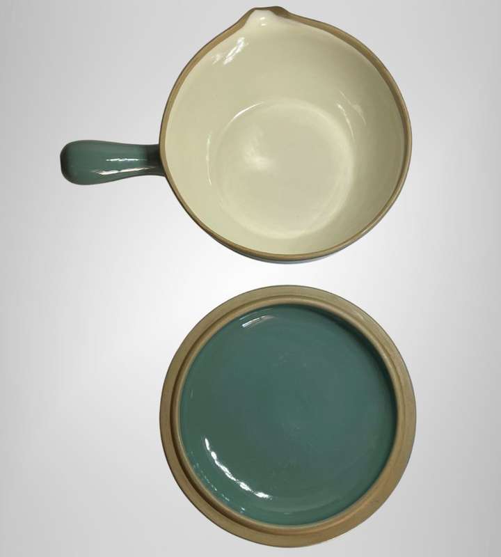 Vintage Denby Stoneware Dark Jade Green 3PT Covered Casserole Dish with Lid and Handle - 1950-1970s