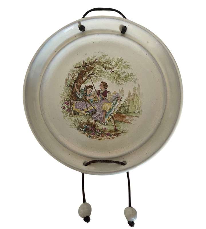 Vintage Cream Glazed Pottery Wall Plates with Fragonard Romantic Scenes - Set of 3