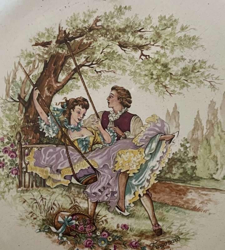 Vintage Cream Glazed Pottery Wall Plates with Fragonard Romantic Scenes - Set of 3