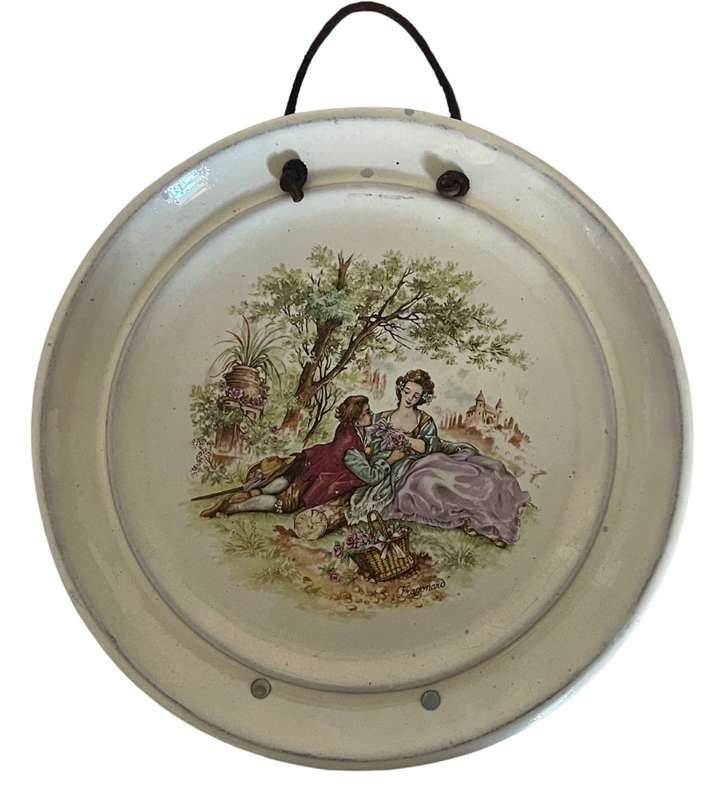 Vintage Cream Glazed Pottery Wall Plates with Fragonard Romantic Scenes - Set of 3