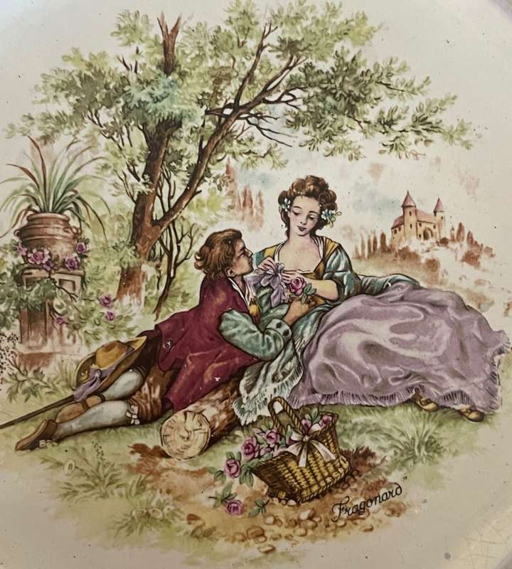 Vintage Cream Glazed Pottery Wall Plates with Fragonard Romantic Scenes - Set of 3