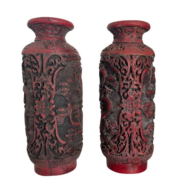 Reduced! 19th Century Chinese Cinnabar-Redware Vases with Floating Five-Claw Dragons - 19cm Tall by