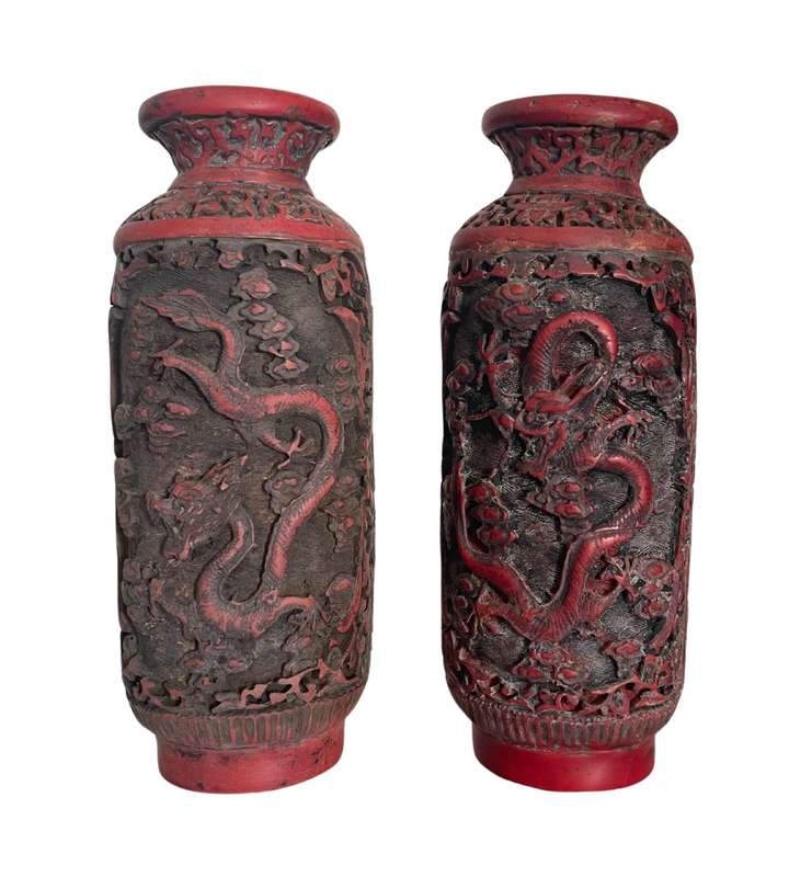 Reduced! 19th Century Chinese Cinnabar-Redware Vases with Floating Five-Claw Dragons - 19cm Tall by