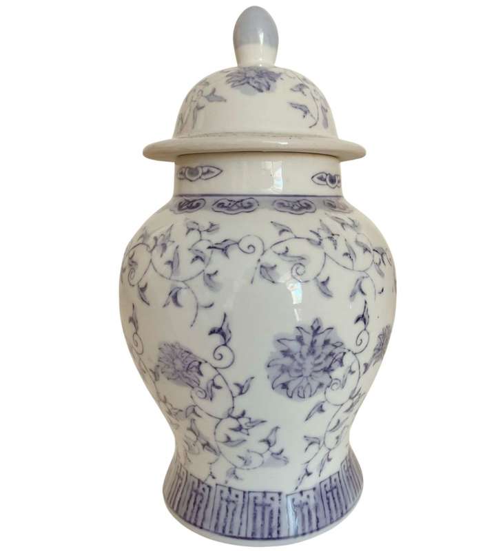 Reduced! Oriental Blue and White Lotus Flower Ginger Jar with Lid - 27cm, Baluster Shape
