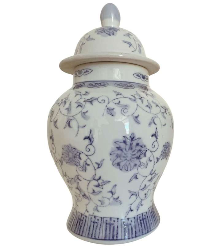 Reduced! Oriental Blue and White Lotus Flower Ginger Jar with Lid - 27cm, Baluster Shape