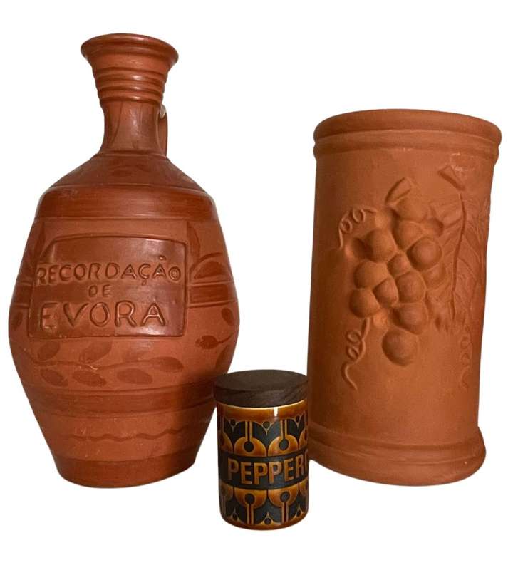 3-Piece Red Pottery Collection: Unglazed Holder, Portuguese Olive Oil Pitcher