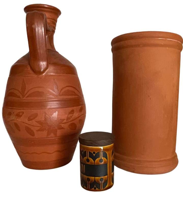3-Piece Red Pottery Collection: Unglazed Holder, Portuguese Olive Oil Pitcher