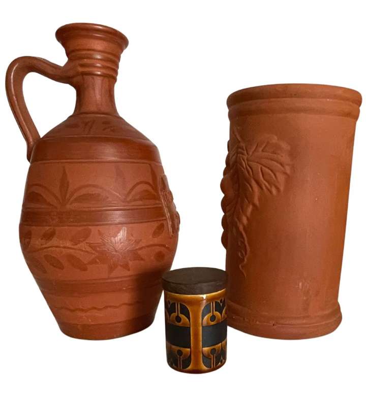 3-Piece Red Pottery Collection: Unglazed Holder, Portuguese Olive Oil Pitcher