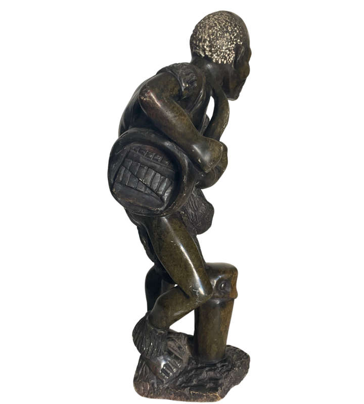 Exquisite 6kg Zimbabwean Soapstone Sculpture of an Old Man with Musical Instrument and Pipe