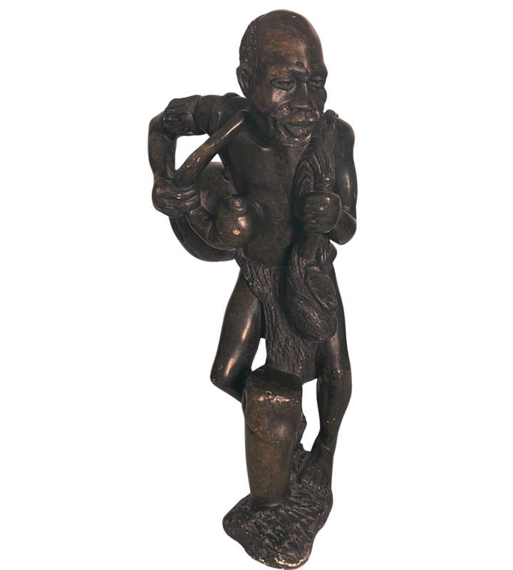 Exquisite 6kg Zimbabwean Soapstone Sculpture of an Old Man with Musical Instrument and Pipe