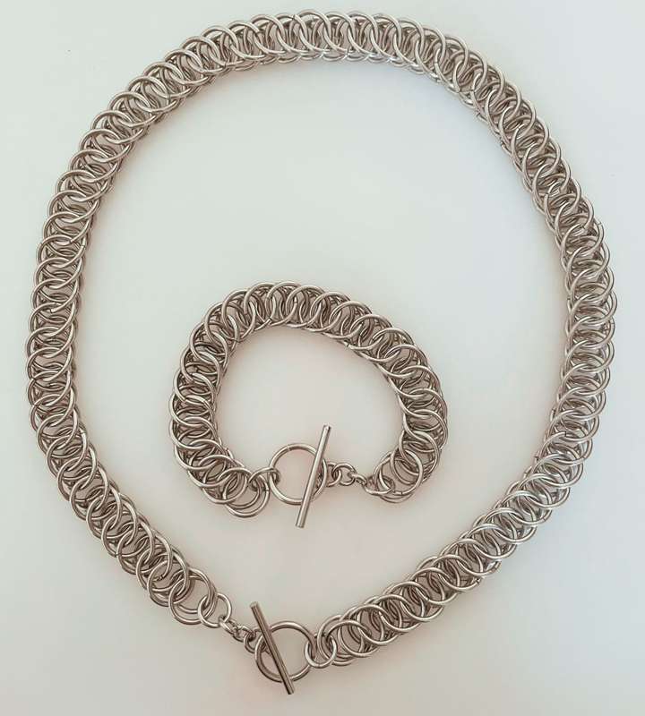 Unique Mid Century Modernist Stainless Steel Neck Chain & Bracelet Set - Chainmail Style