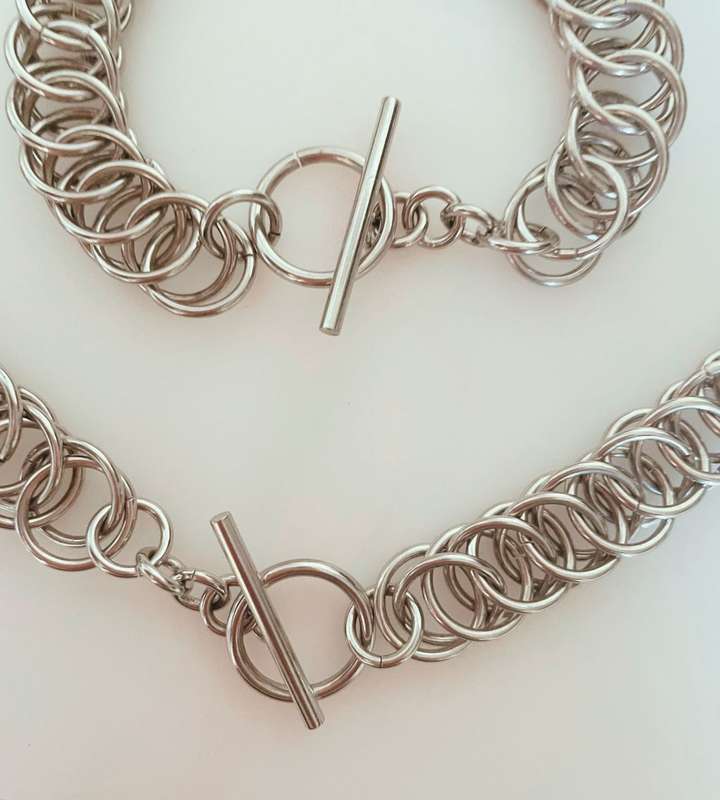 Unique Mid Century Modernist Stainless Steel Neck Chain & Bracelet Set - Chainmail Style