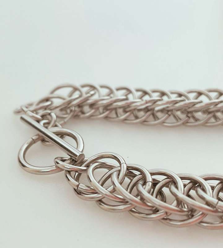 Unique Mid Century Modernist Stainless Steel Neck Chain & Bracelet Set - Chainmail Style