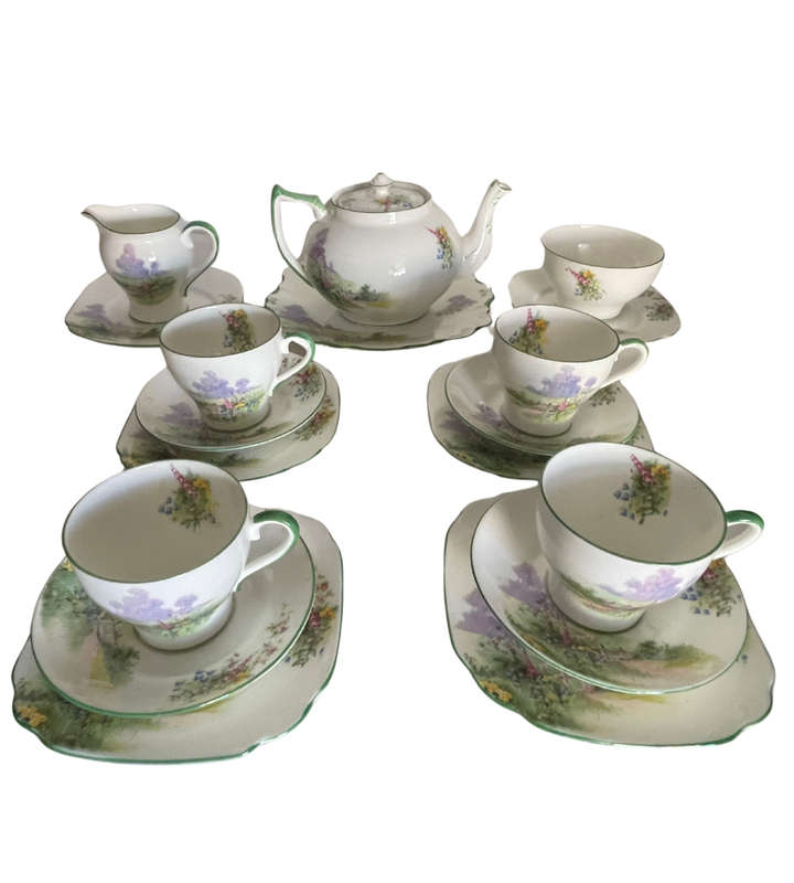19-Piece Bell China Fine Bone China Set (1936-1966)  Meadowside Pattern, Floral Decorations & Green