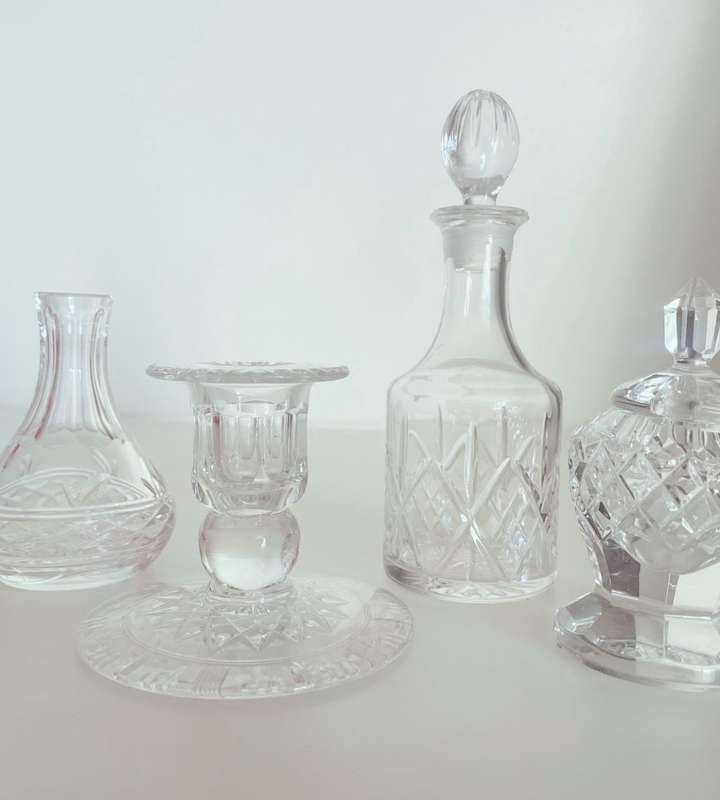 Set of 3 Small Crystal Decanters and Crystal Candle Holder - Excellent Condition