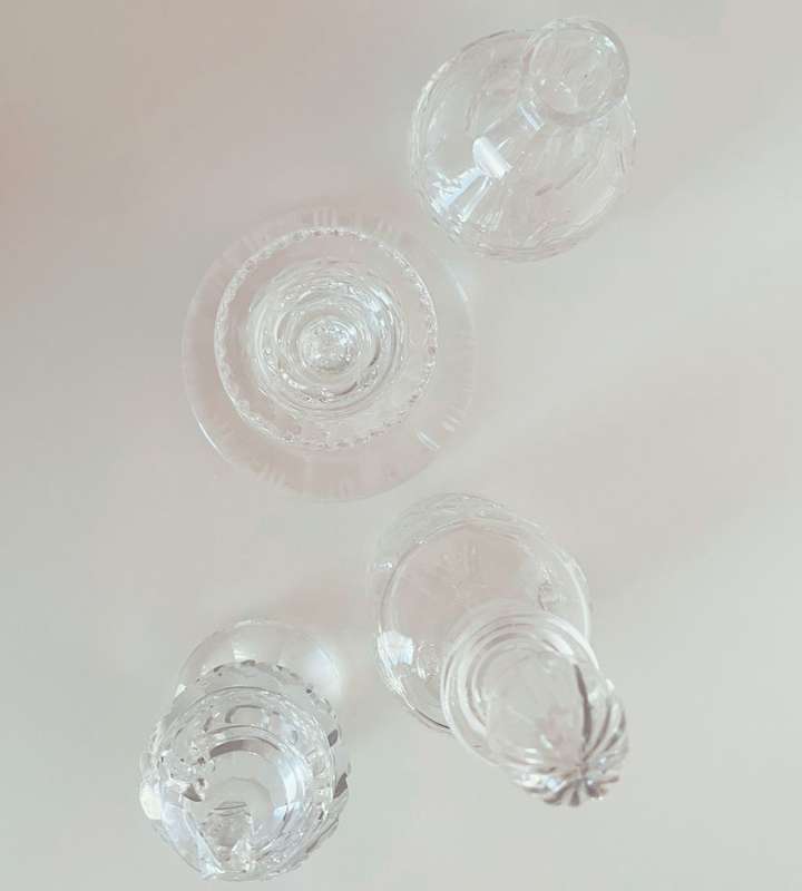 Set of 3 Small Crystal Decanters and Crystal Candle Holder - Excellent Condition