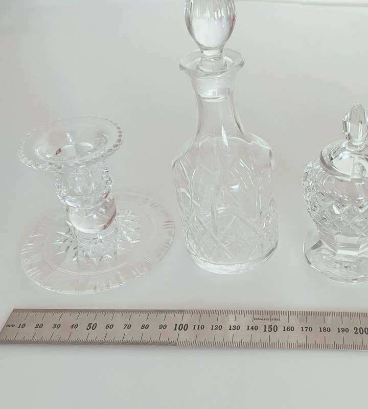Set of 3 Small Crystal Decanters and Crystal Candle Holder - Excellent Condition